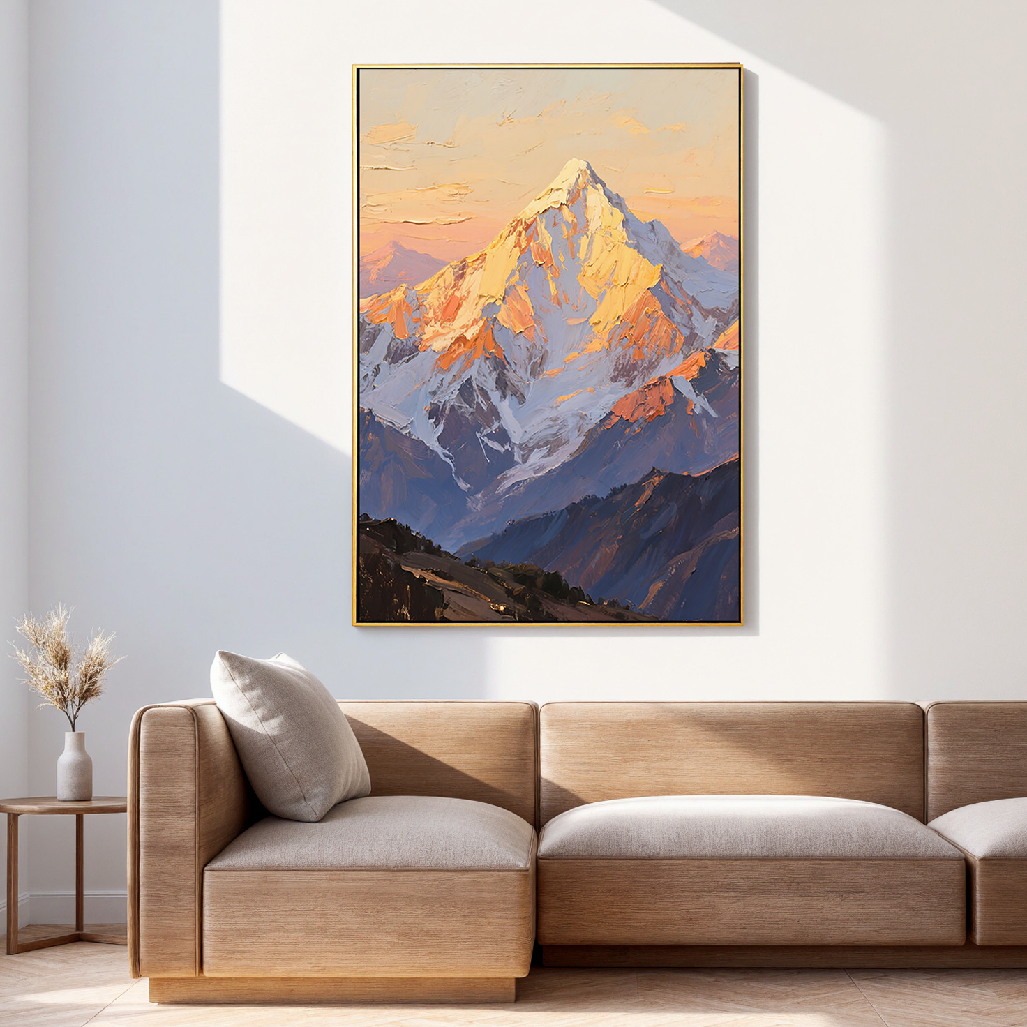 The Gilded Crest – Contemporary Sunset Mountain Peak Painting | Vibrant High-Contrast Statement Hallway Art