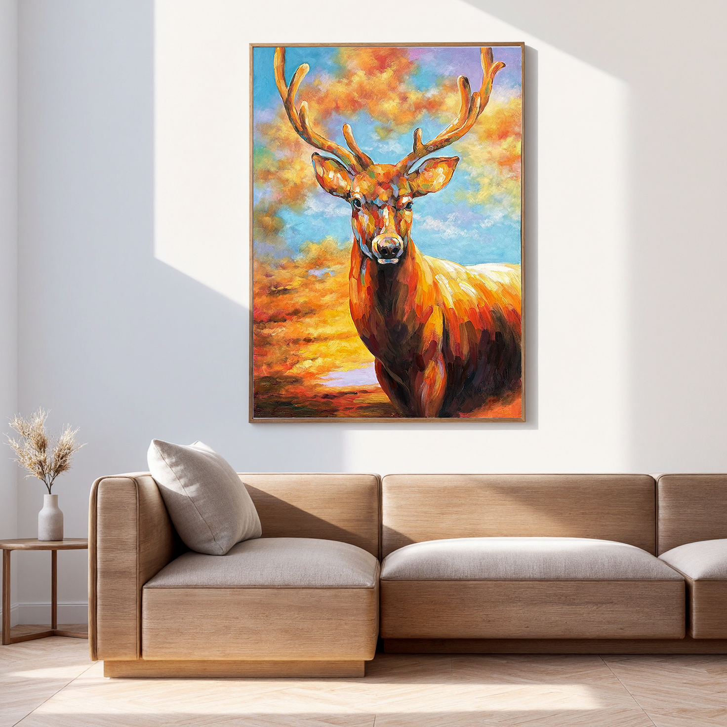 The Aurora Guardian – Contemporary Expressionist Majestic Stag Painting | Vibrant Statement Living Room Art