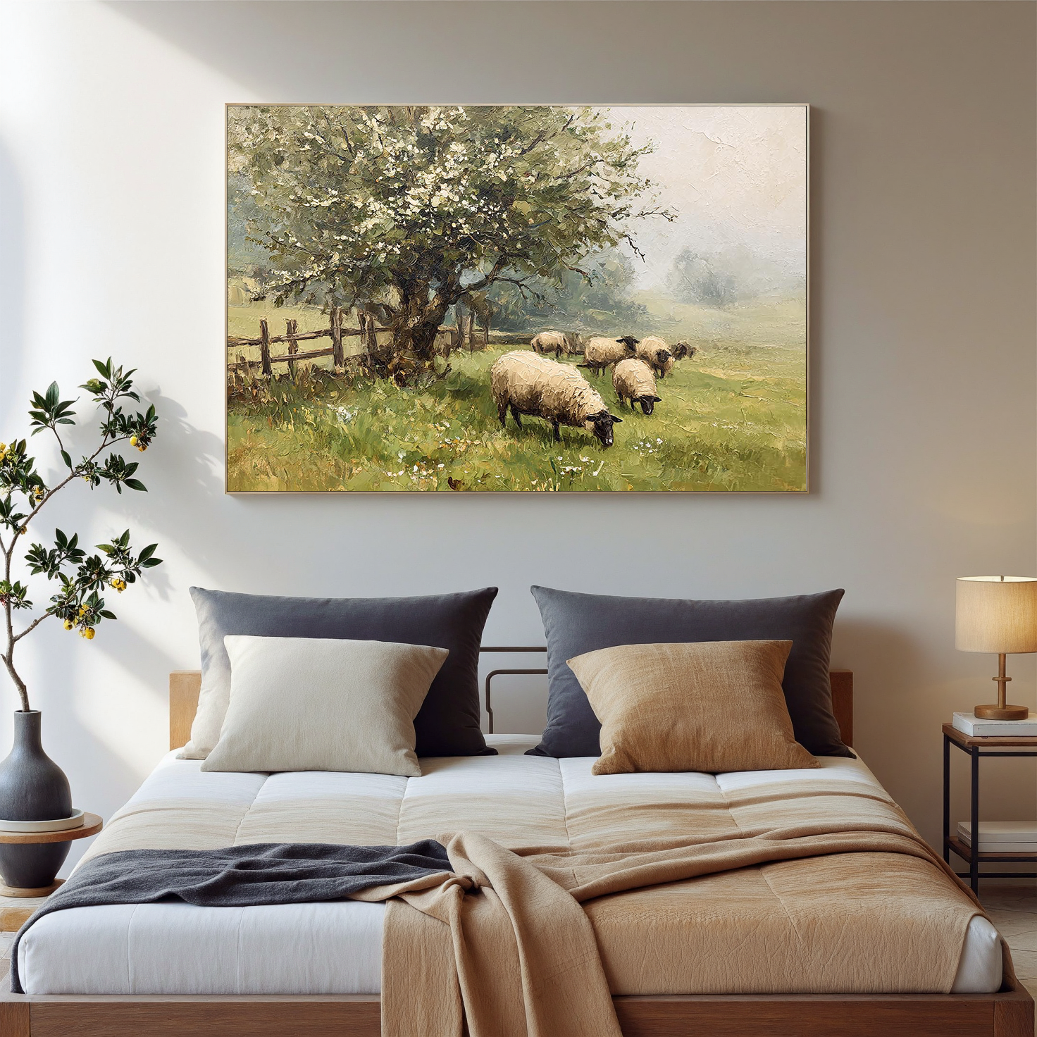 PASTORAL PEACE: Rustic Sheep Landscape Wall Art, Hand-Painted Farmhouse Animal Painting