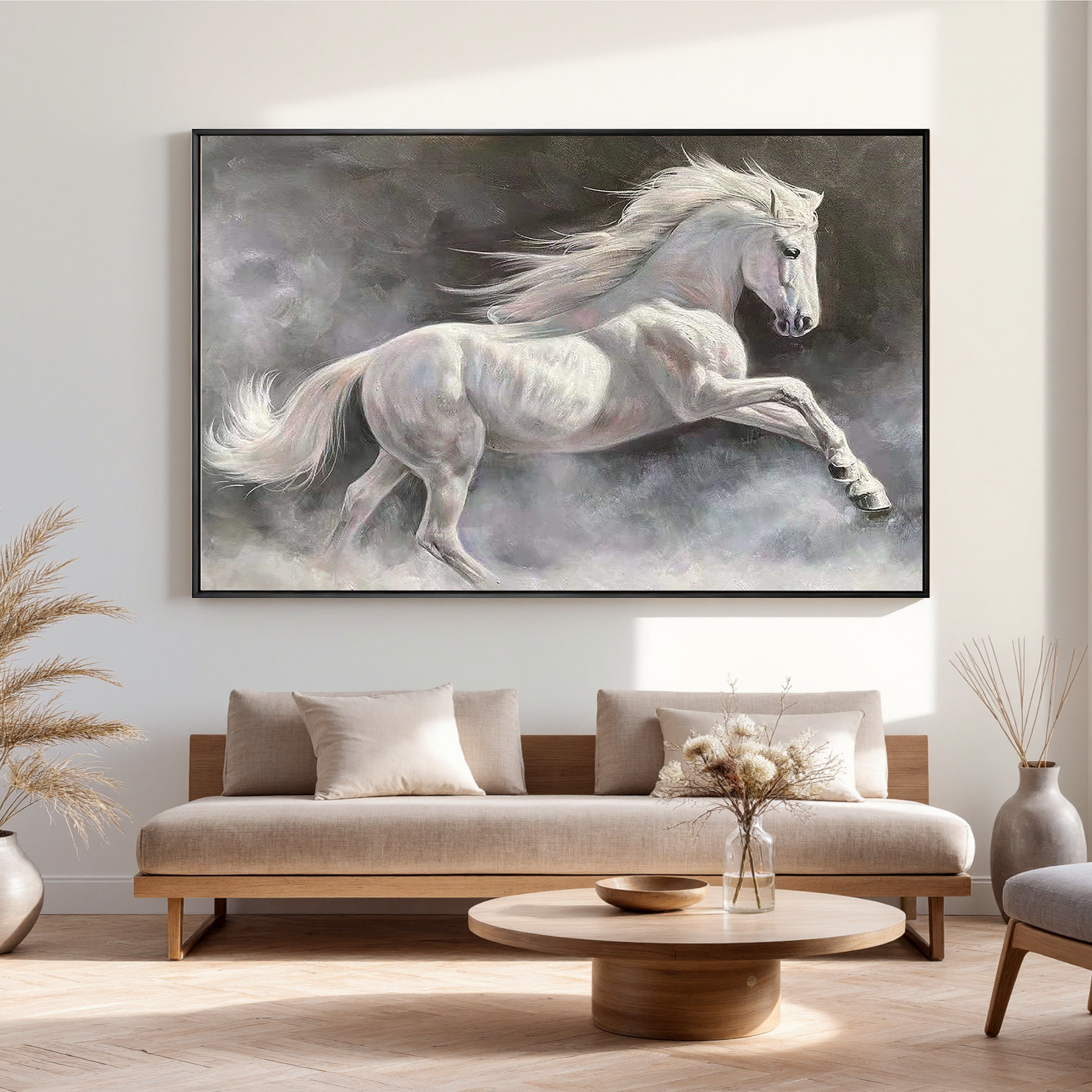 MISTY GALLOP: Panoramic White Horse Wall Art, 3D Heavy Texture Running Horse Art
