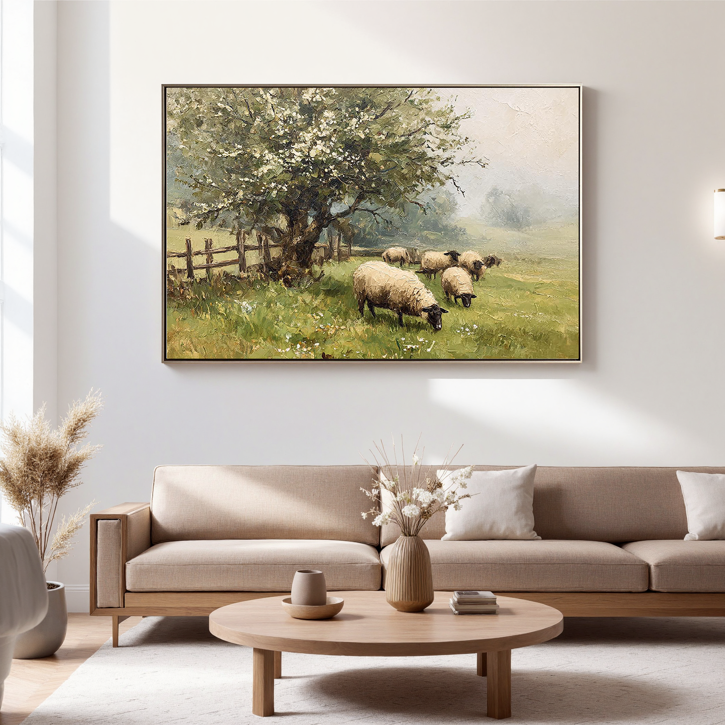 PASTORAL PEACE: Rustic Sheep Landscape Wall Art, Hand-Painted Farmhouse Animal Painting
