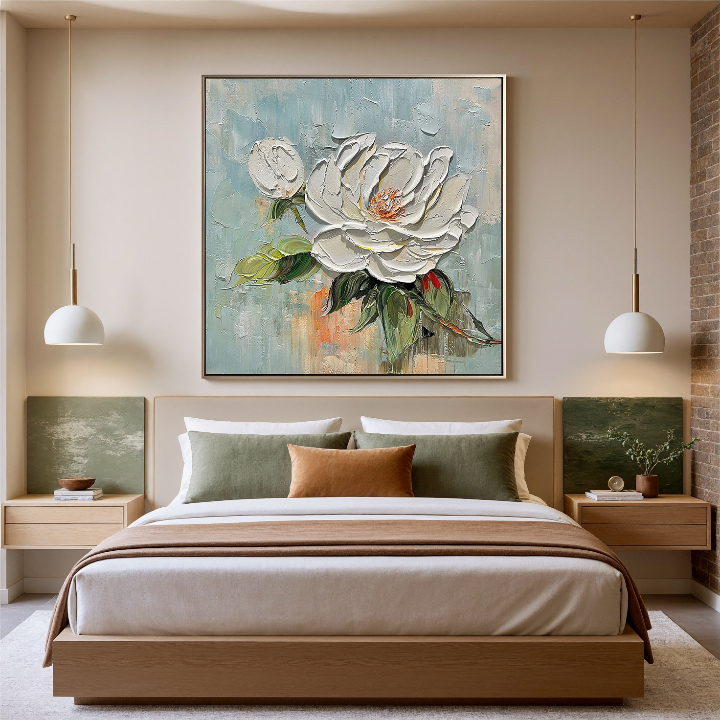Blooming Muse – White Petal Relief Oil Texture Painting | Contemporary Botanical Bedroom & Living Room Art