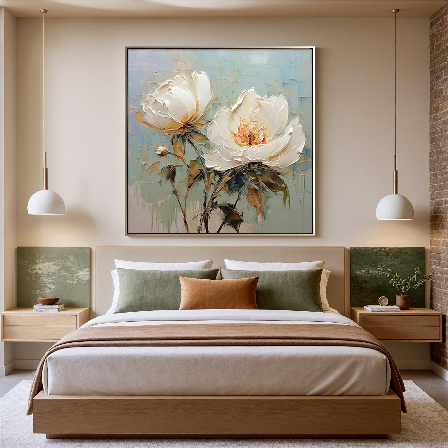 Ivory Duo – Modern Floral Palette Knife Texture Painting | Soft Organic Botanical Bedroom & Living Room Art