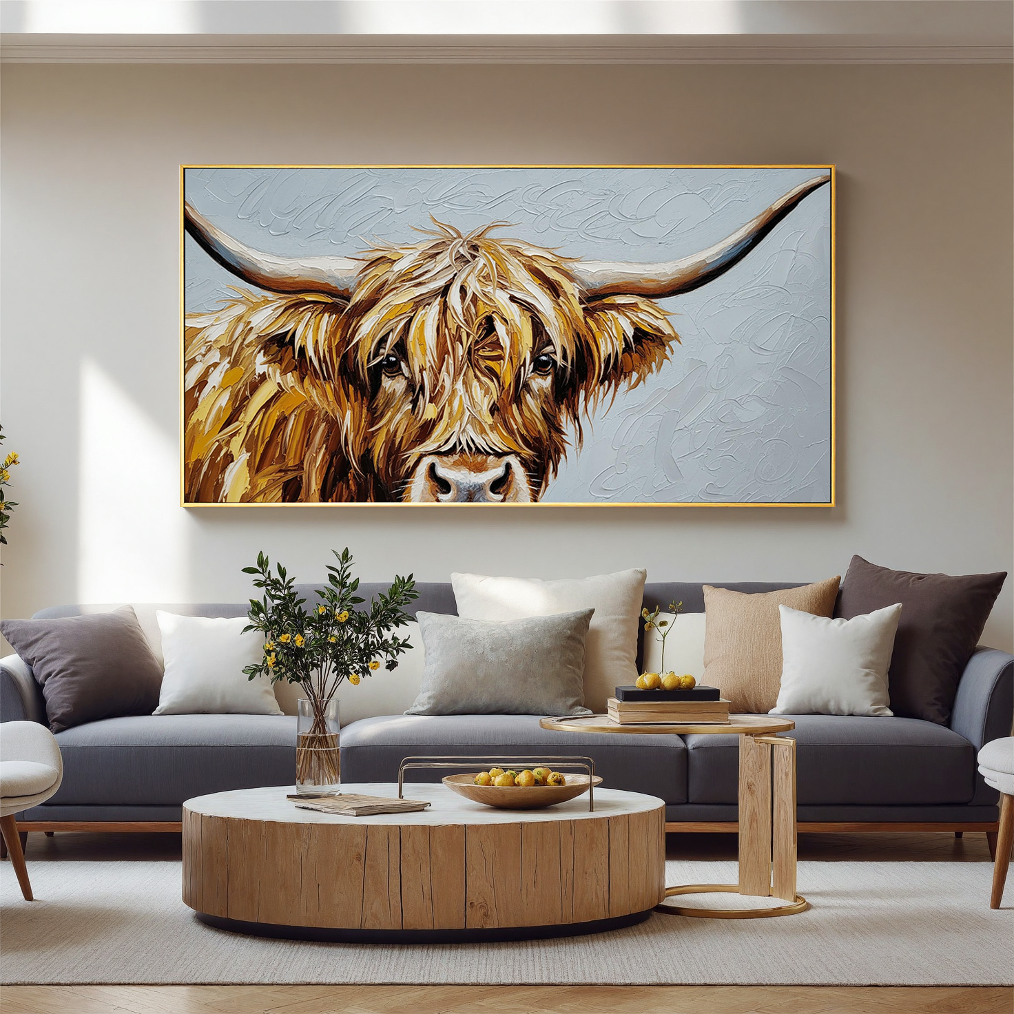 Gentle Wild – Modern Hand-painted Highland Cow Impasto Painting | Rustic Farmhouse Living Room Art