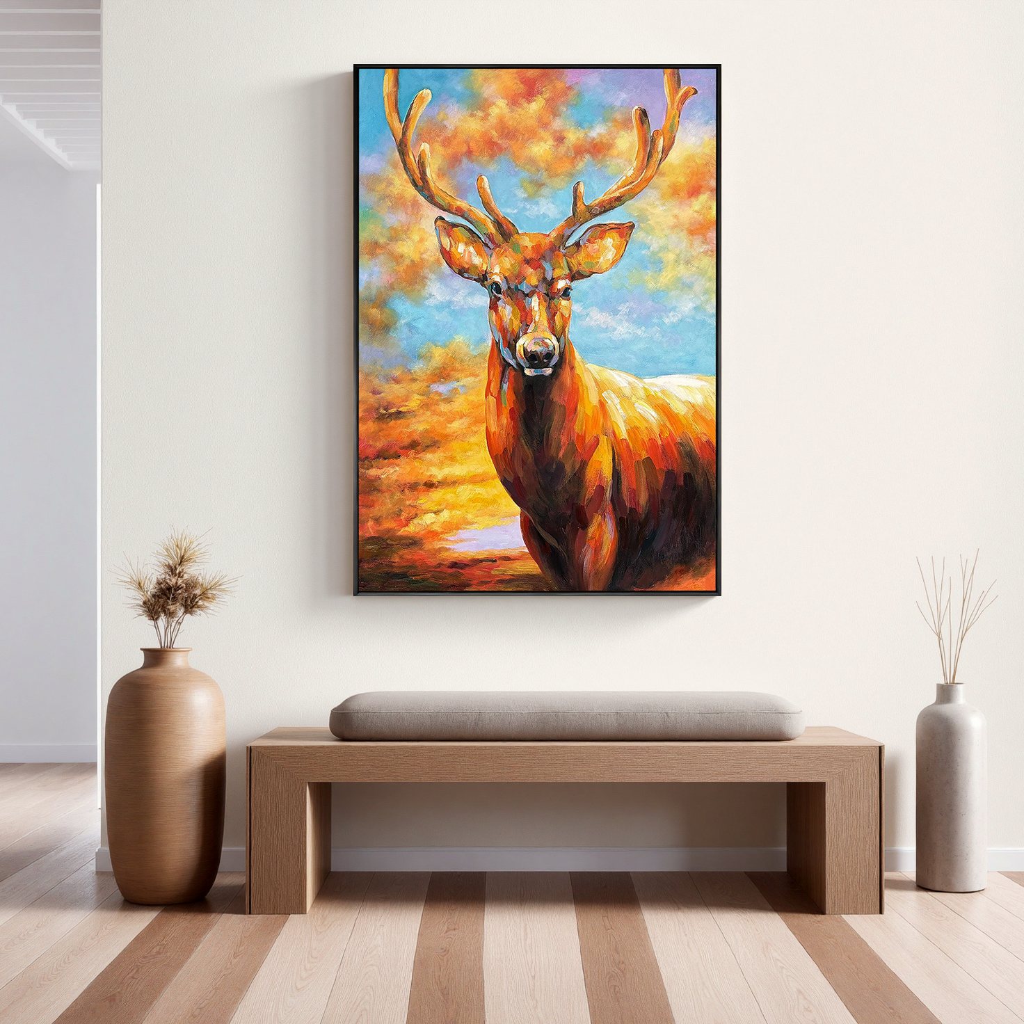The Aurora Guardian – Contemporary Expressionist Majestic Stag Painting | Vibrant Statement Living Room Art
