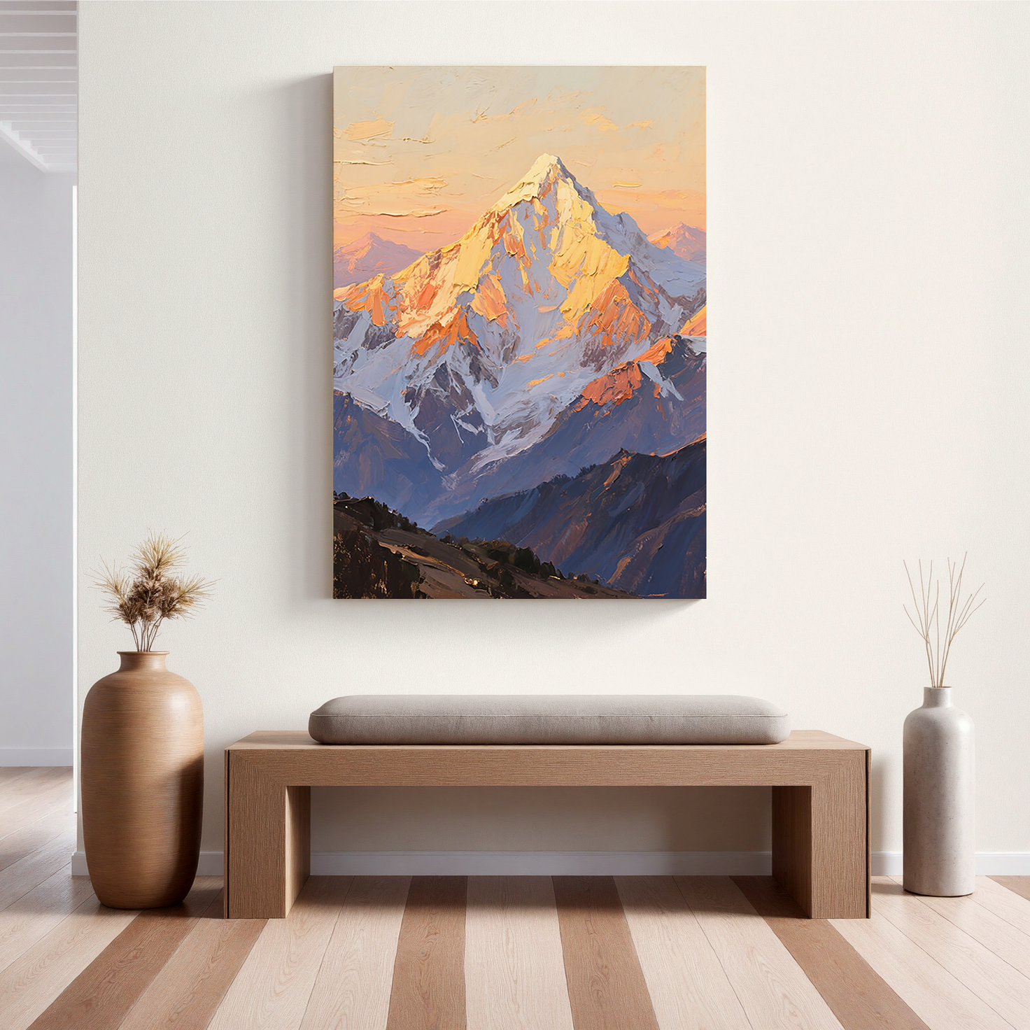 The Gilded Crest – Contemporary Sunset Mountain Peak Painting | Vibrant High-Contrast Statement Hallway Art
