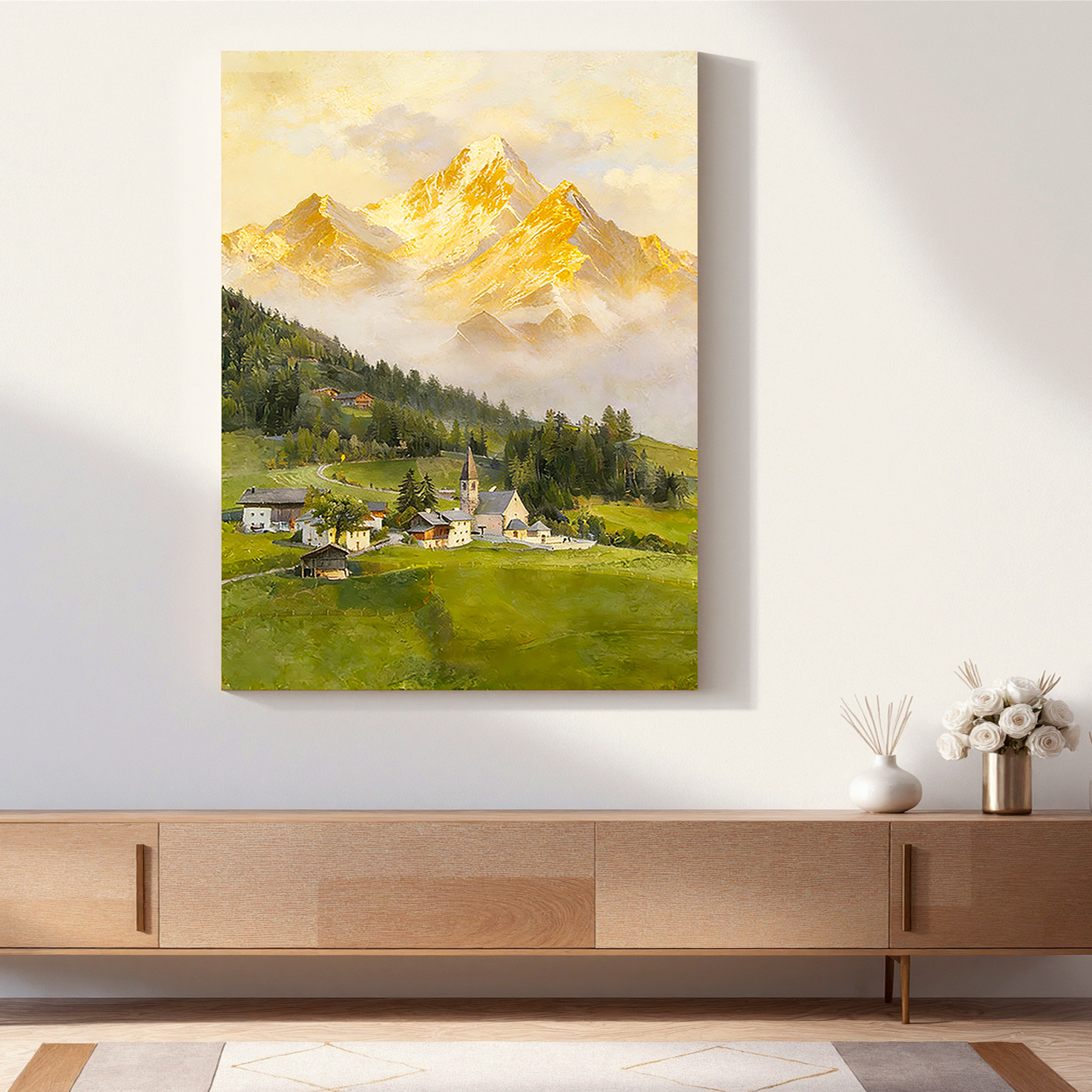The Alpine Echo – Classical Impressionist Golden Hour Painting | Serene Meadow Green Farmhouse Living Room Art