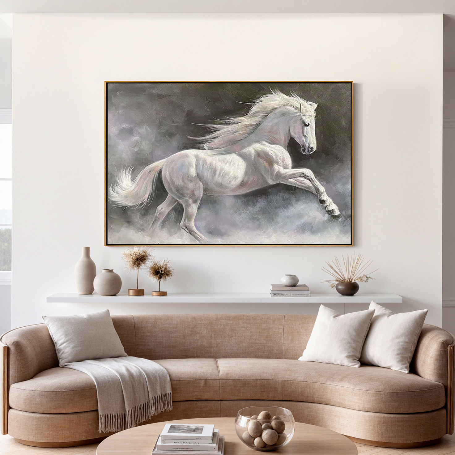 MISTY GALLOP: Panoramic White Horse Wall Art, 3D Heavy Texture Running Horse Art