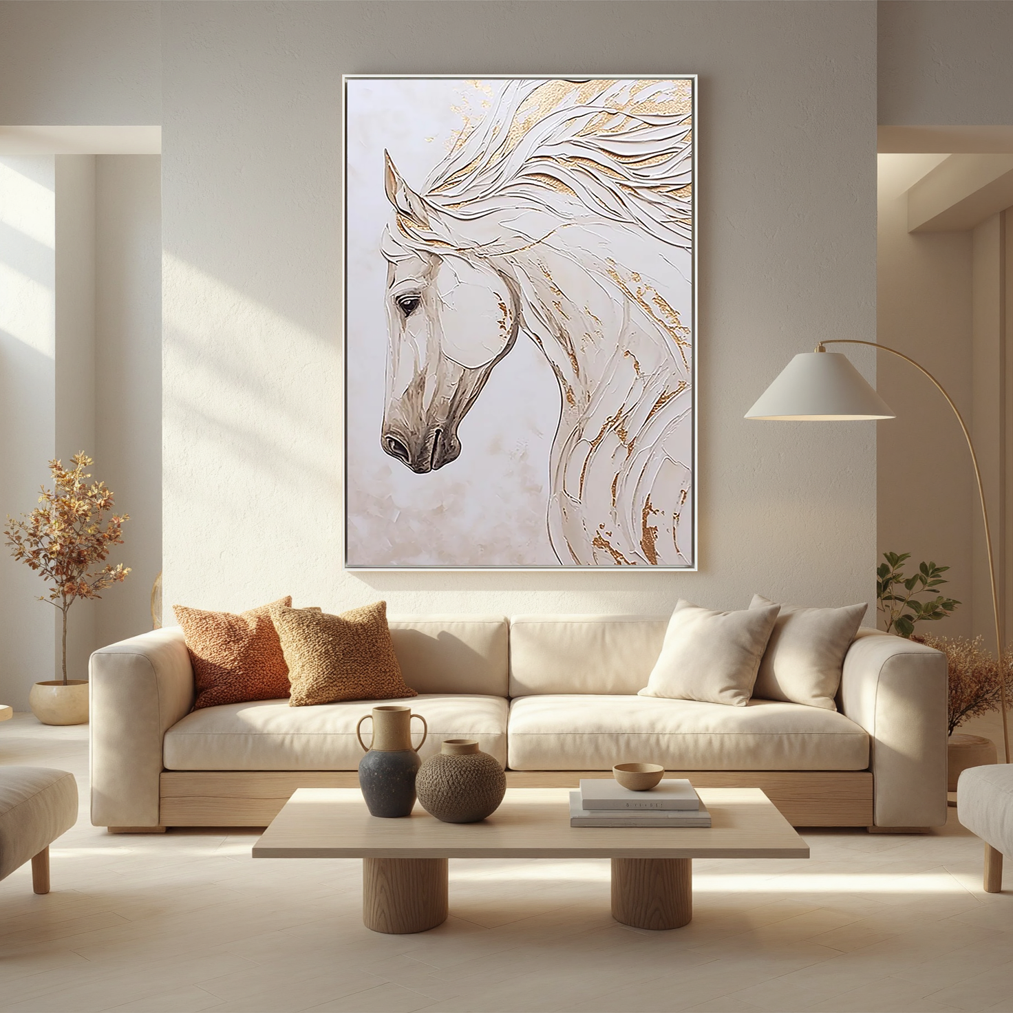 White Elegance – Modern Minimalist White Horse Sculptural Impasto Painting | Luxury Living Room Art