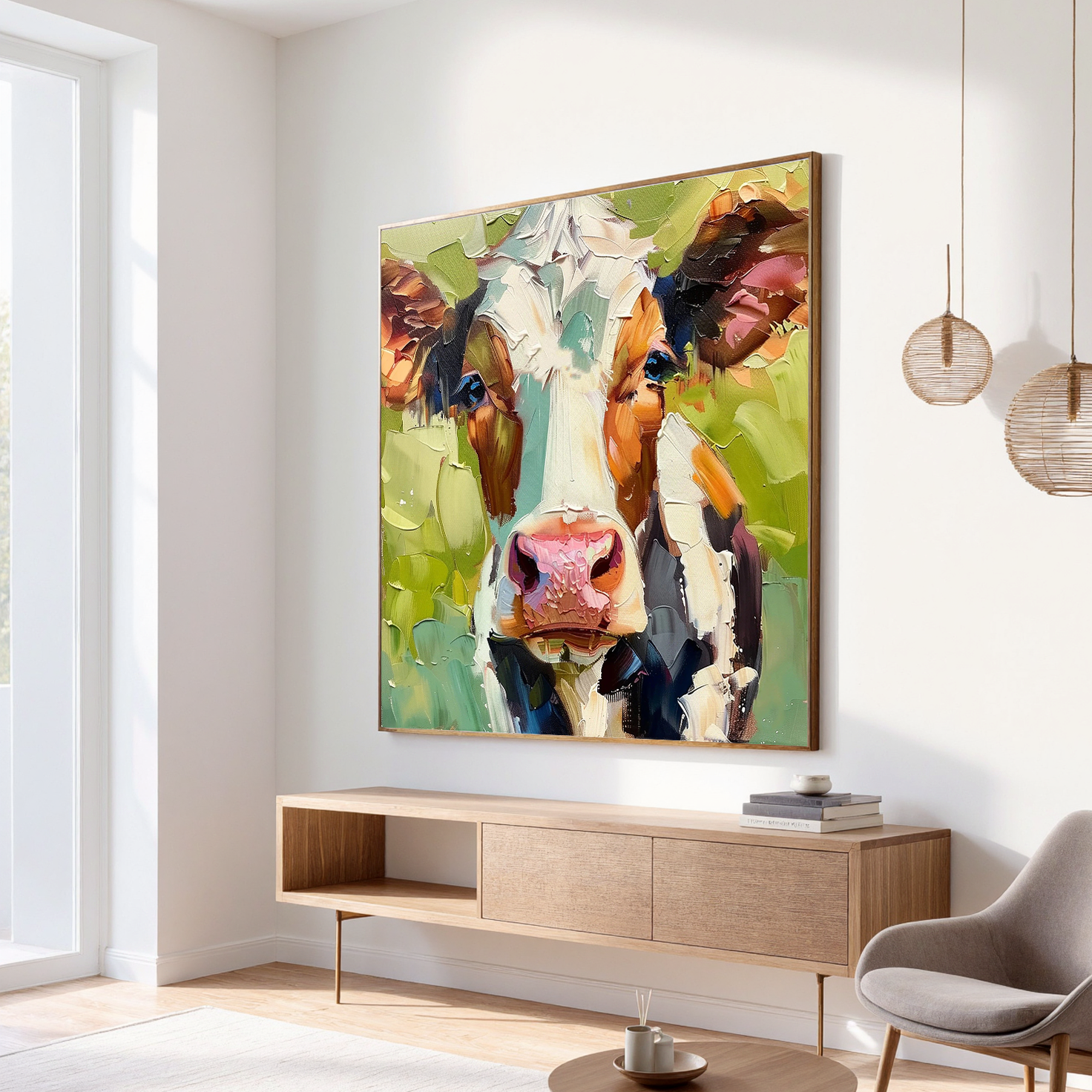 Barnyard Serenade – Modern Heavy Impasto Cow Portrait Painting | Rustic Farmhouse Living Room Art