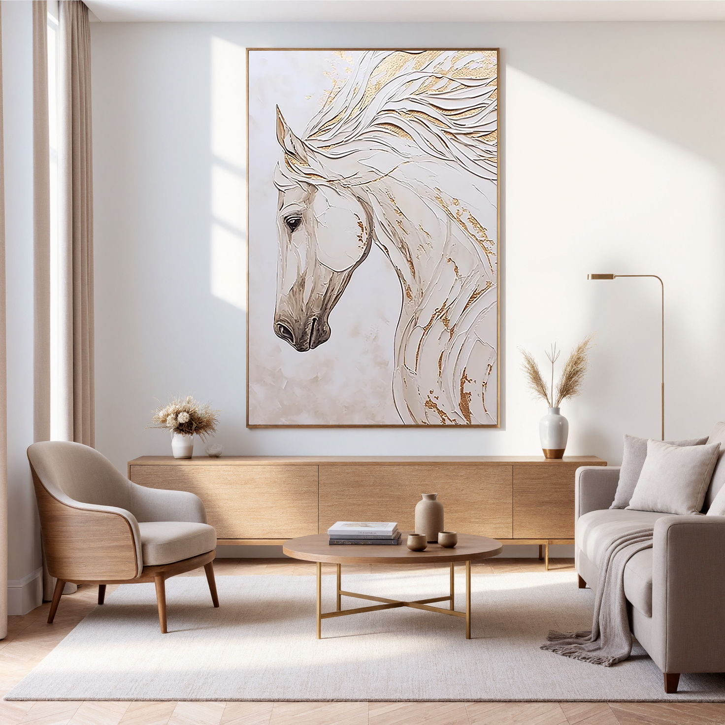 White Elegance – Modern Minimalist White Horse Sculptural Impasto Painting | Luxury Living Room Art
