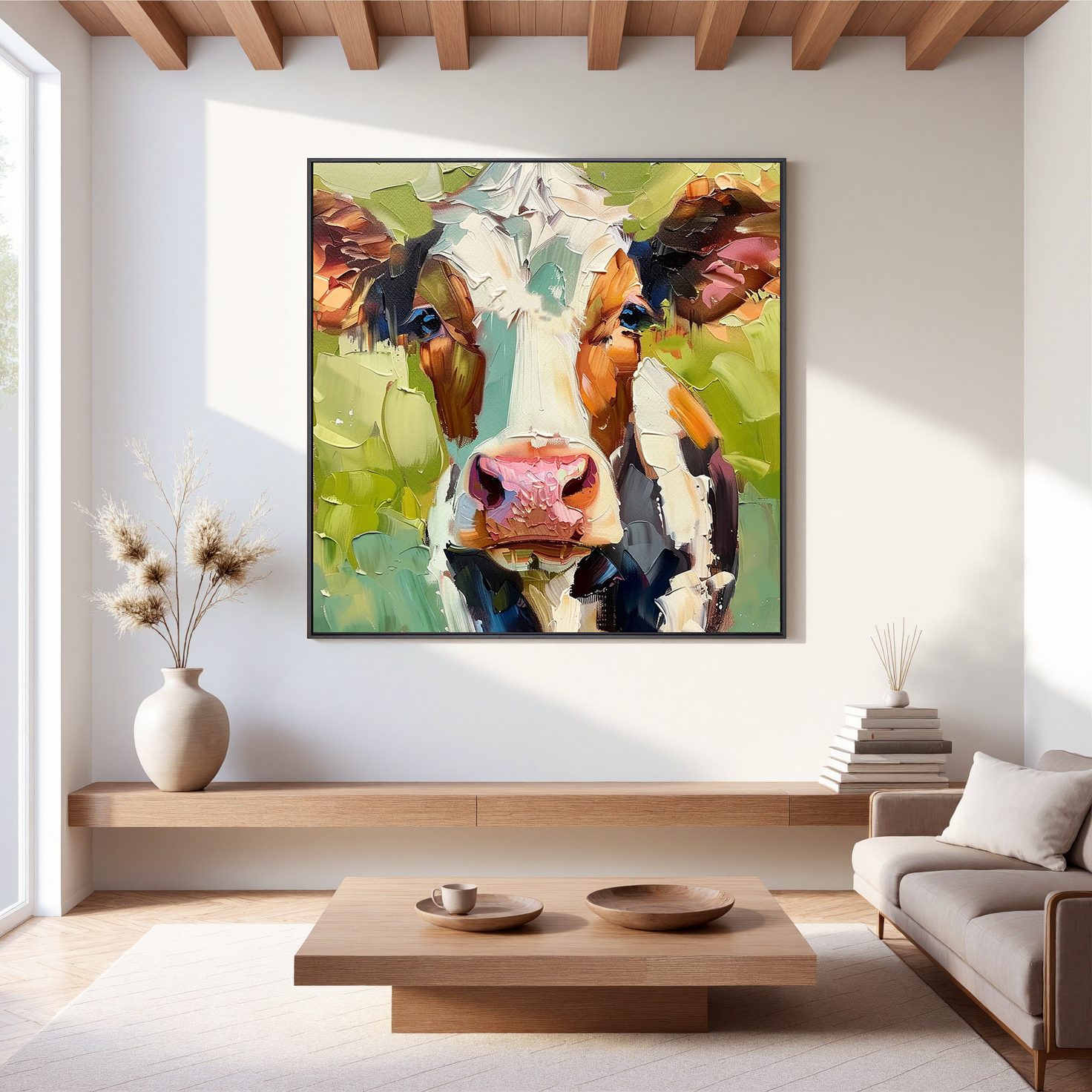 Barnyard Serenade – Modern Heavy Impasto Cow Portrait Painting | Rustic Farmhouse Living Room Art