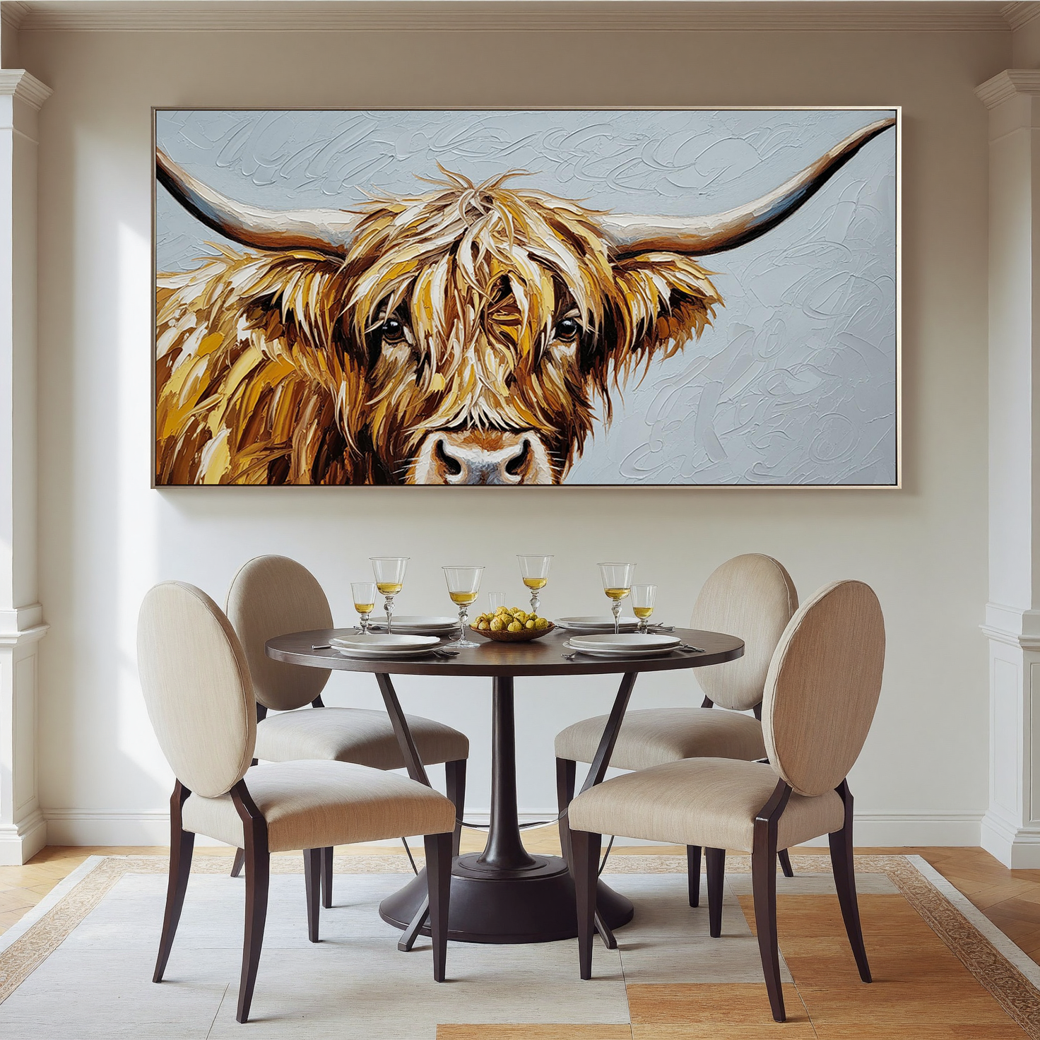 Gentle Wild – Modern Hand-painted Highland Cow Impasto Painting | Rustic Farmhouse Living Room Art