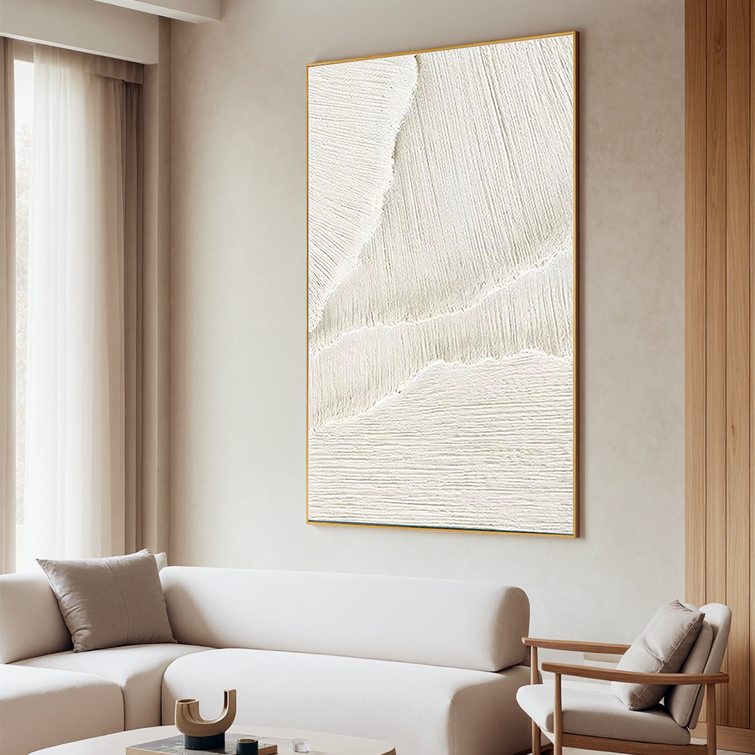 Oatmeal Strata – Minimalist Beige Linear Abstract Plaster Relief Painting | Minimalist Sculpted Plaster Studio Art