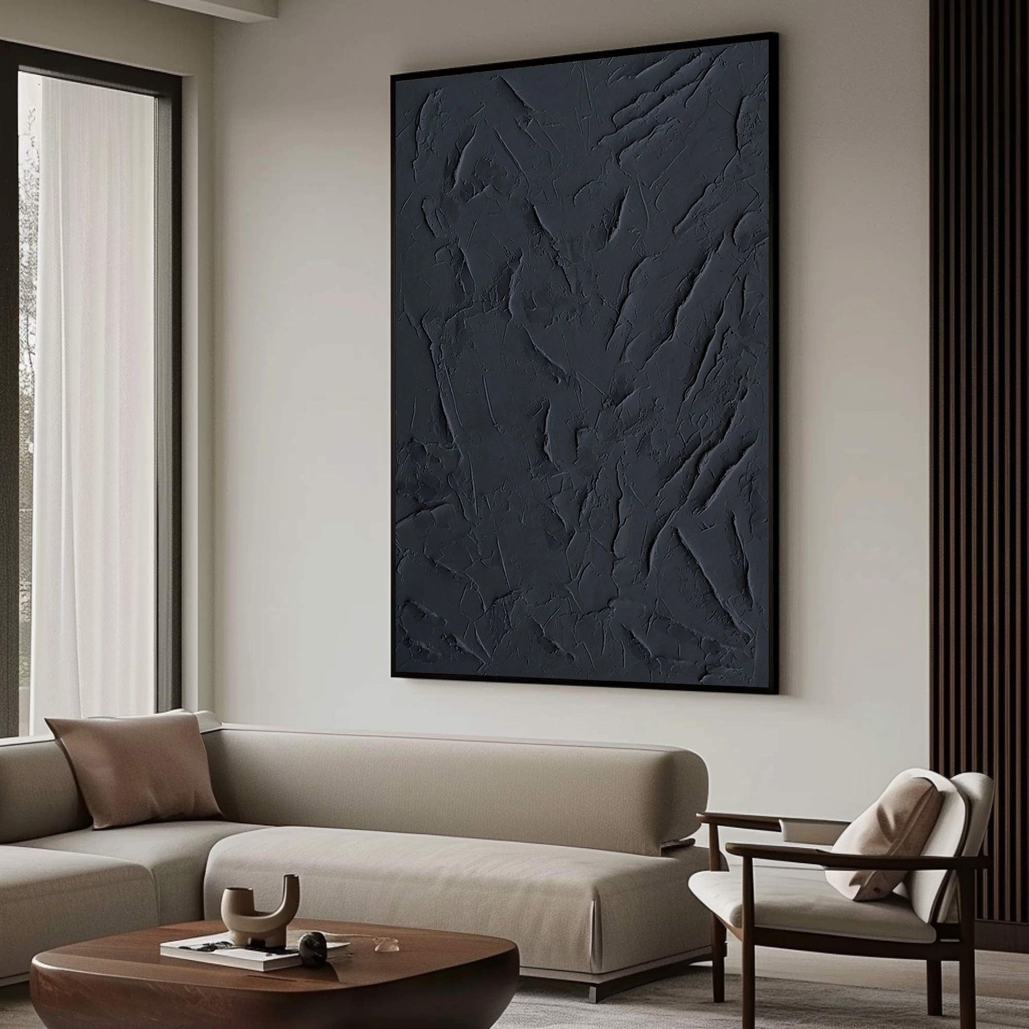 Onyx Silence – Minimalist Deep Black Abstract Plaster Relief Painting | Minimalist Sculpted Plaster Studio Art