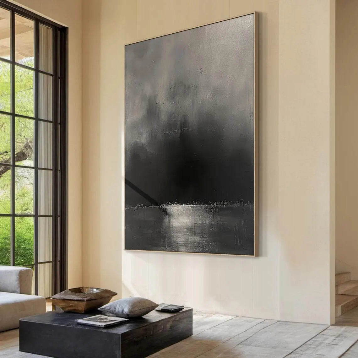 Mystic Void – Hand-Painted Charcoal Black and Grey Mist 3D Heavy Texture Plaster Effect Minimalist Painting | Bold Minimalist Bedroom & Home Office Art