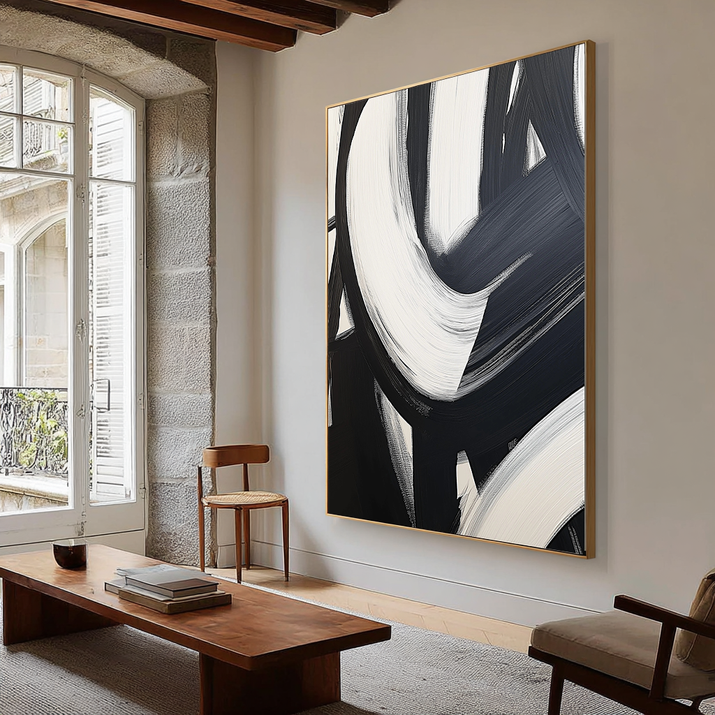 Zen Spiral – 3D Sculptural Black & White Abstract Minimalist Painting | Bold Minimalist Bedroom & Home Office Art
