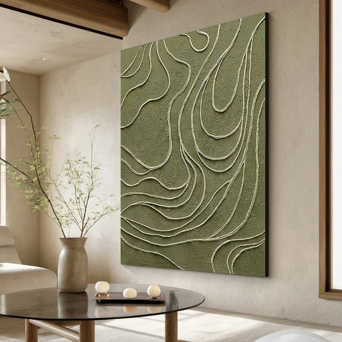 Olive Topography – Hand-Painted Sage Green 3D Line Relief Plaster Effect Minimalist Painting | Modern Minimalist Bedroom & Home Office Art