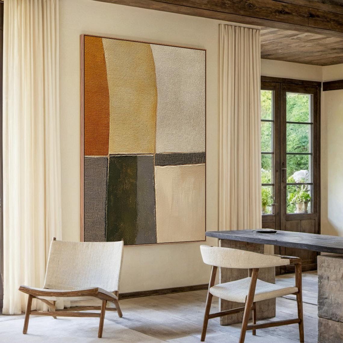 Mid-century Blocks – Hand-Painted Modern Abstract Ochre and Grey Minimalist Painting | Modern Minimalist Bedroom & Home Office Art
