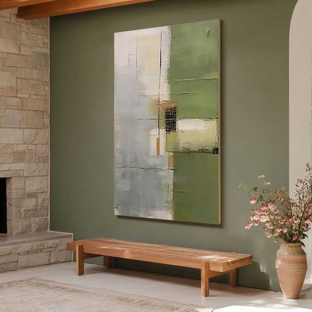 Sage Matrix – Earthy Green Textured Oil Wabi-Sabi Painting | Japandi Organic Wabi-Sabi Living Room & Hallway Art