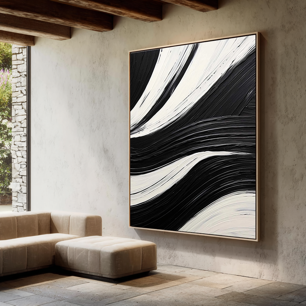 Mono Swirl – Hand-Painted Black and White Abstract Spiral Palette Knife Minimalist Painting | Bold Minimalist Bedroom & Home Office Art