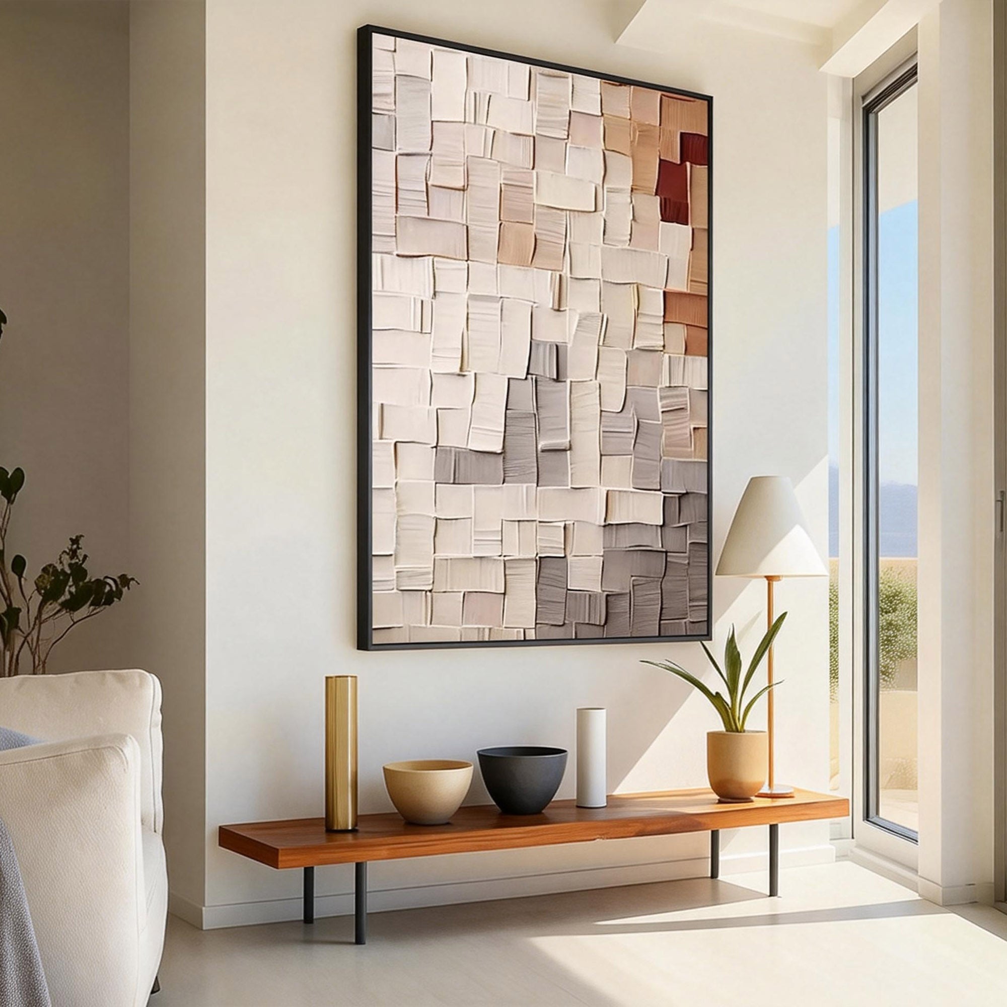 Geometric Mosaic – Neutral 3D Block Palette Knife Abstract Minimalist Painting | Modern Minimalist Bedroom & Home Office Art