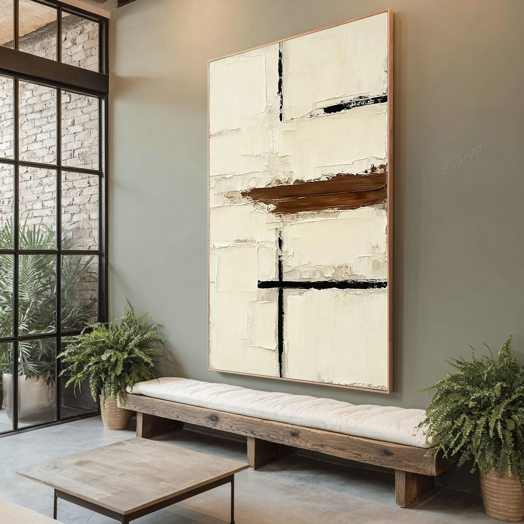 Modern Structure – Creamy White & Espresso Relief Minimalist Painting | Modern Minimalist Bedroom & Home Office Art