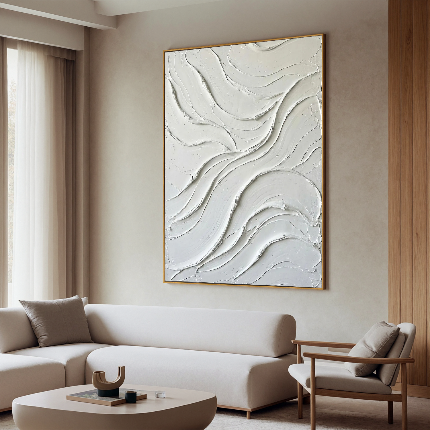Fluid Harmony – Minimalist Wave Textured Painting | Modern Cream Style Plaster Line Bedroom Art