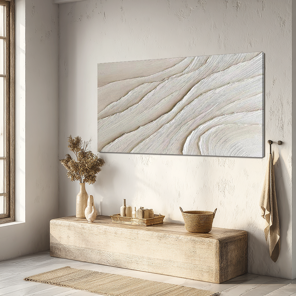 Silk Strata – Hand-Painted Off-White Layered Plaster Relief Minimalist Painting | Modern Minimalist Bedroom & Home Office Art