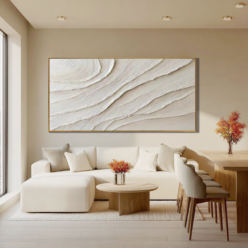 Desert Rhythm – Hand-Painted Creamy White Fluid Plaster Lines Minimalist Painting | Modern Minimalist Bedroom & Home Office Art