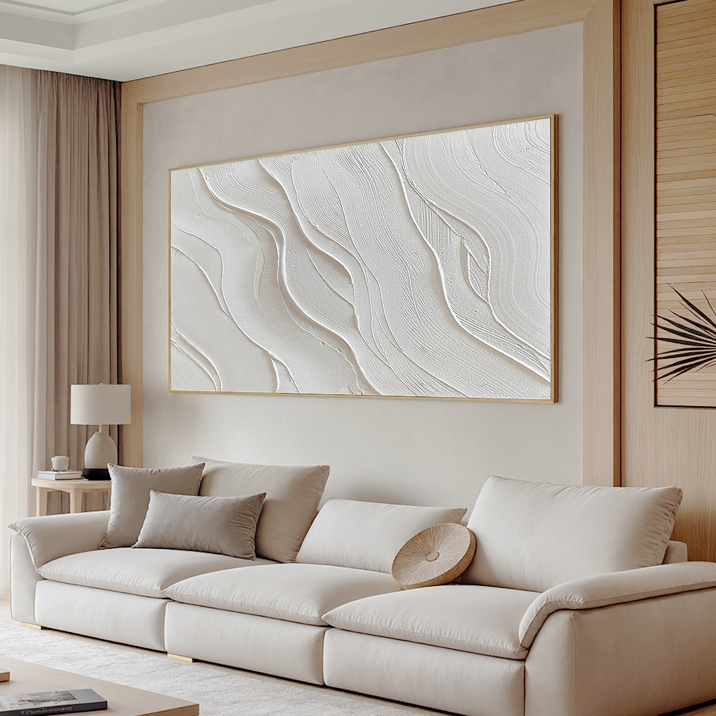 Zen Ripple – Hand-Painted Neutral Beige Fluid Plaster Lines Minimalist Painting | Modern Minimalist Bedroom & Home Office Art