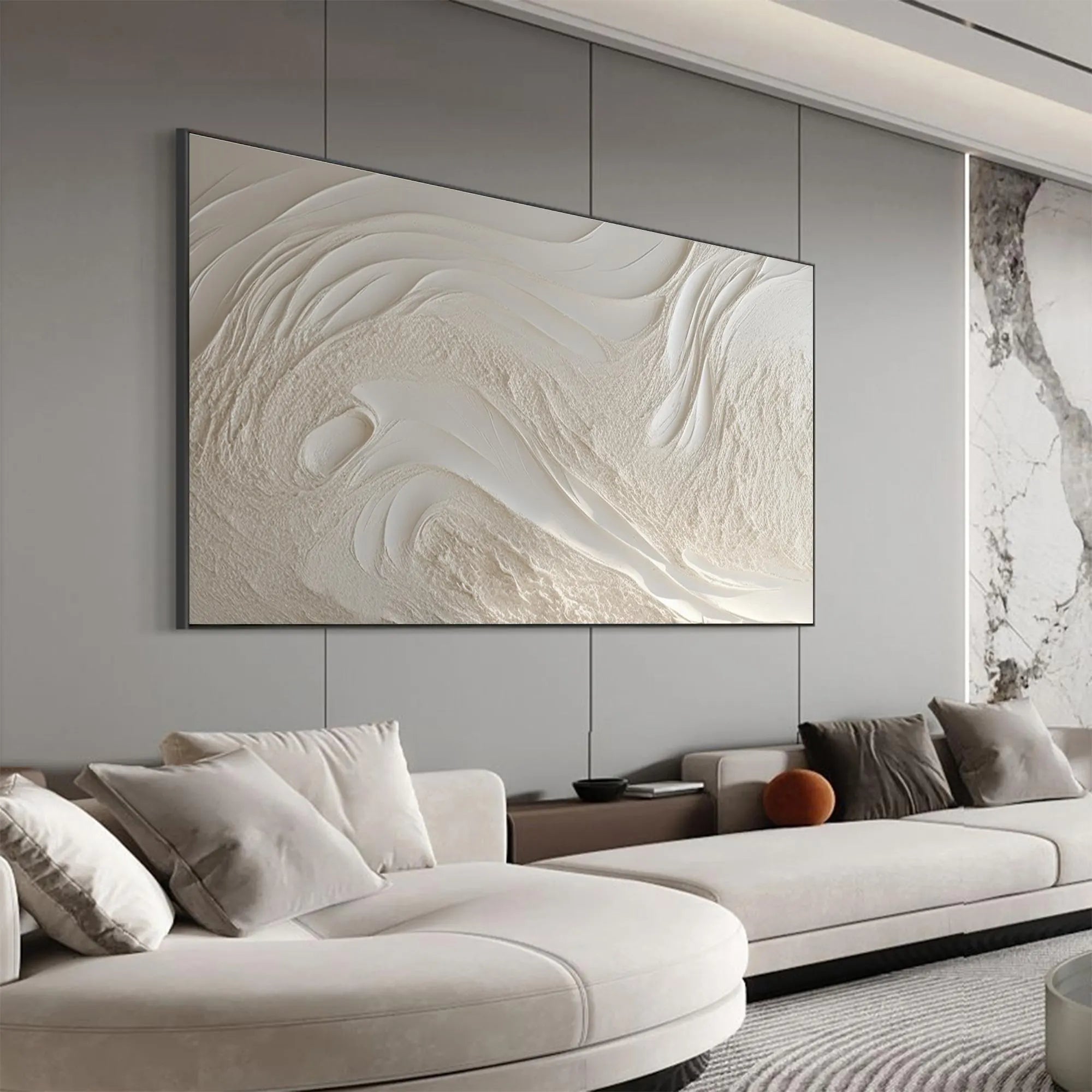 Whispering Tides – Hand-Painted Plaster Effect Flowing Wave Minimalist Painting | Modern Minimalist Bedroom & Home Office Art