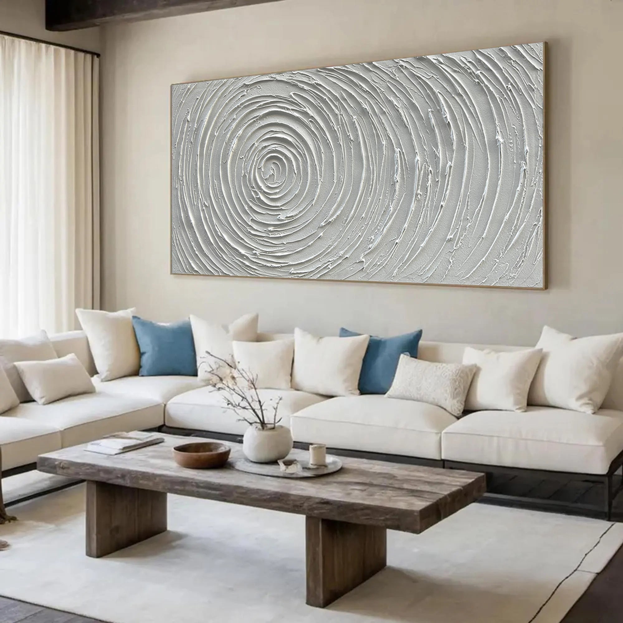 Lunar Ripples – Minimalist White Spiral Relief Texture Painting | Modern Minimalist Bedroom & Home Office Art