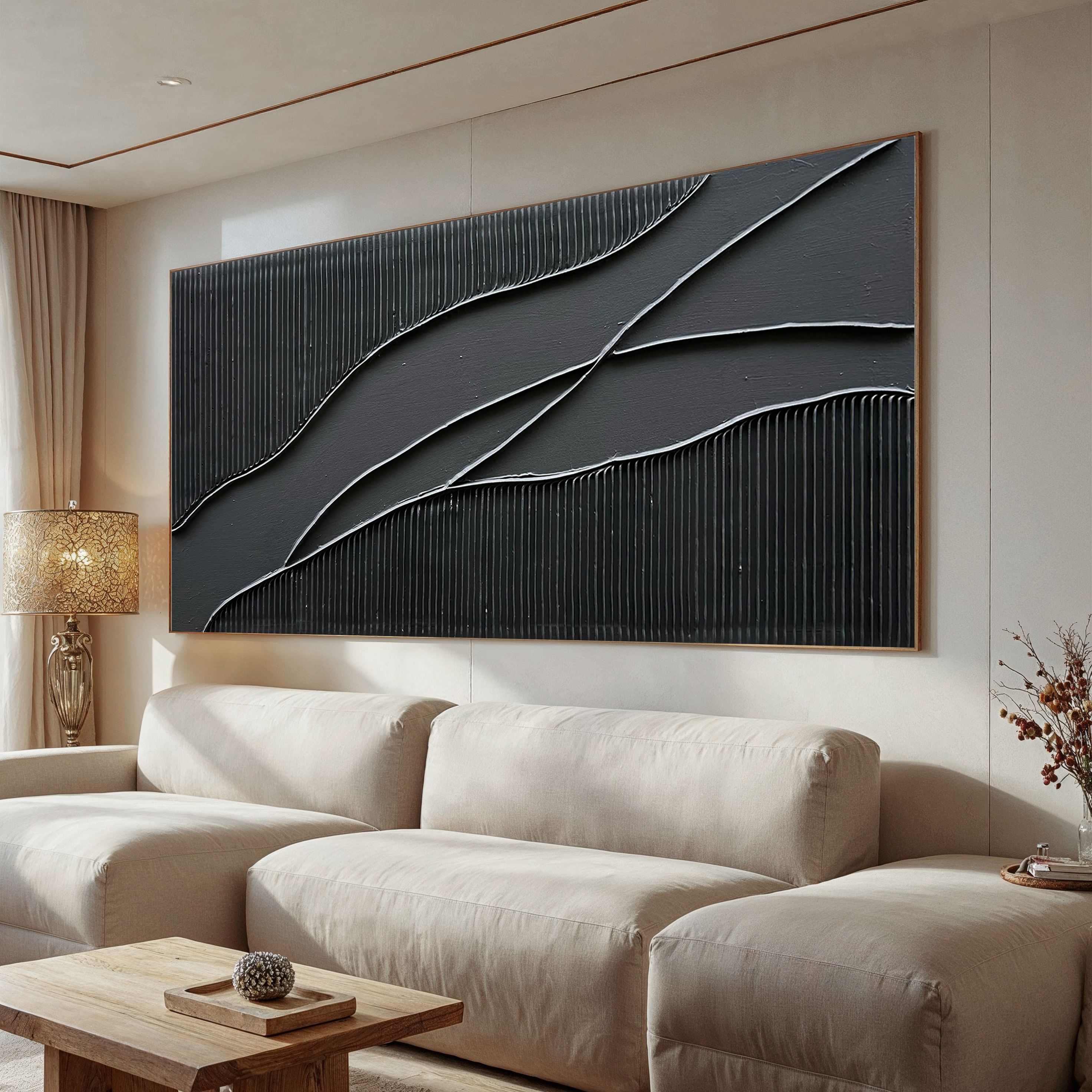 Obsidian Flow – Modern 3D Linear Abstract Minimalist Painting | Bold Minimalist Bedroom & Home Office Art