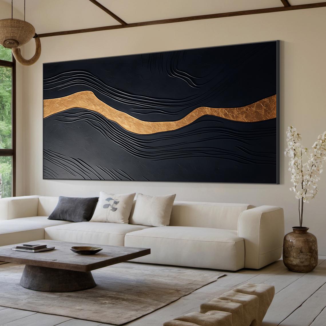 Golden Vein – Hand-Painted Dark Grey and Gold Foil Modern Luxury Abstract Painting | Modern Abstract Living Room & Office Art