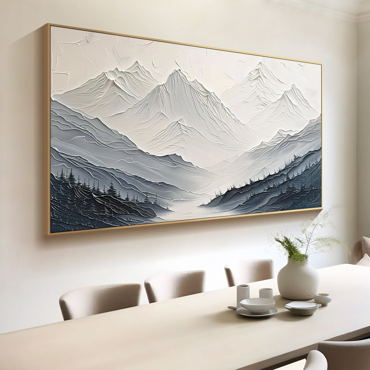Misty Range – Hand-Painted Grey Ridge Forest Landscape Impasto Textured Oil Mountain Painting | Contemporary Mountain Living Room & Home Office Art