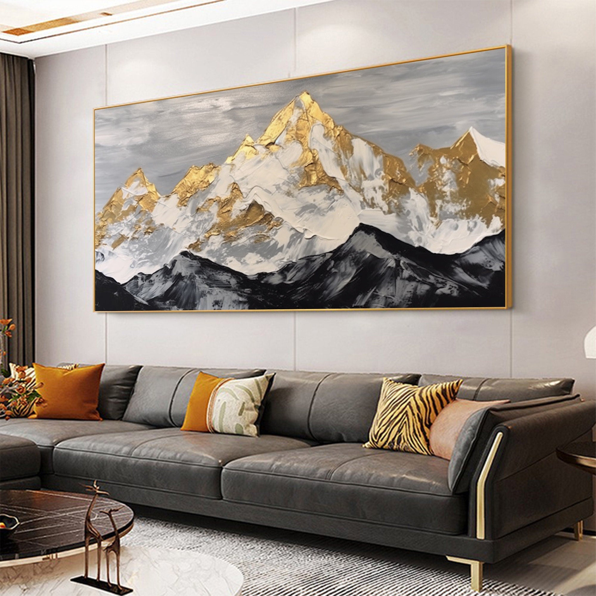 Golden Peak – 3D Heavy Texture Gold Leaf Snow Mountain Hand-Painted Oil Mountain Painting | Contemporary Mountain Living Room & Home Office Art