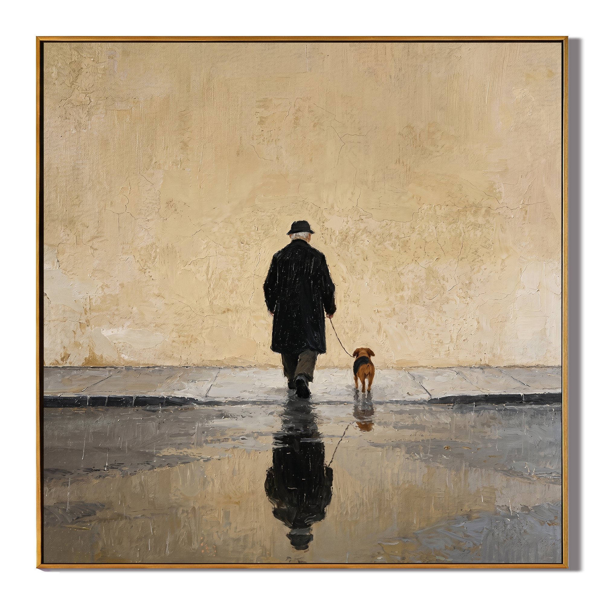 The Rainy Reflection painting, wood frame, white background