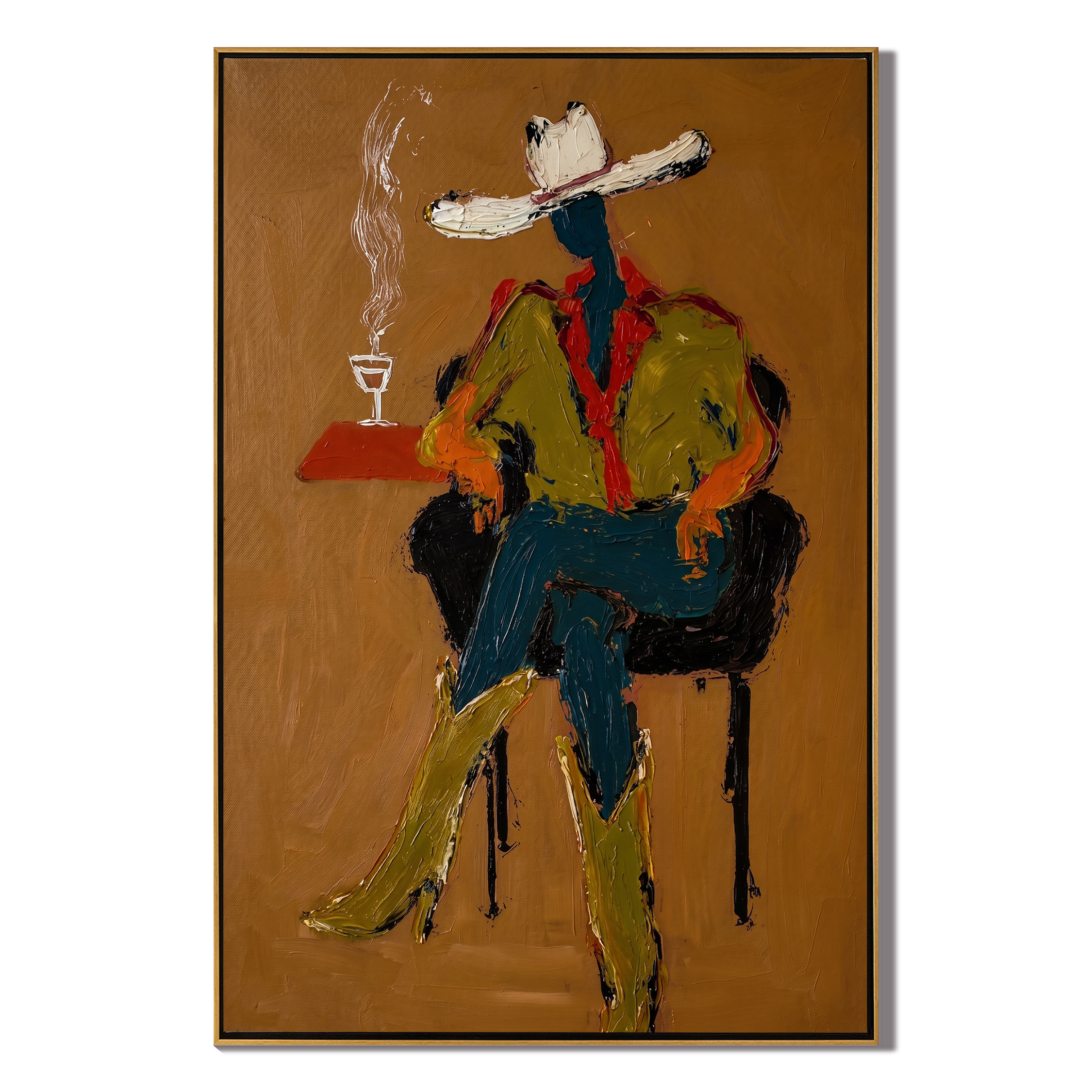 The Smoking Hour painting, wood frame, white background