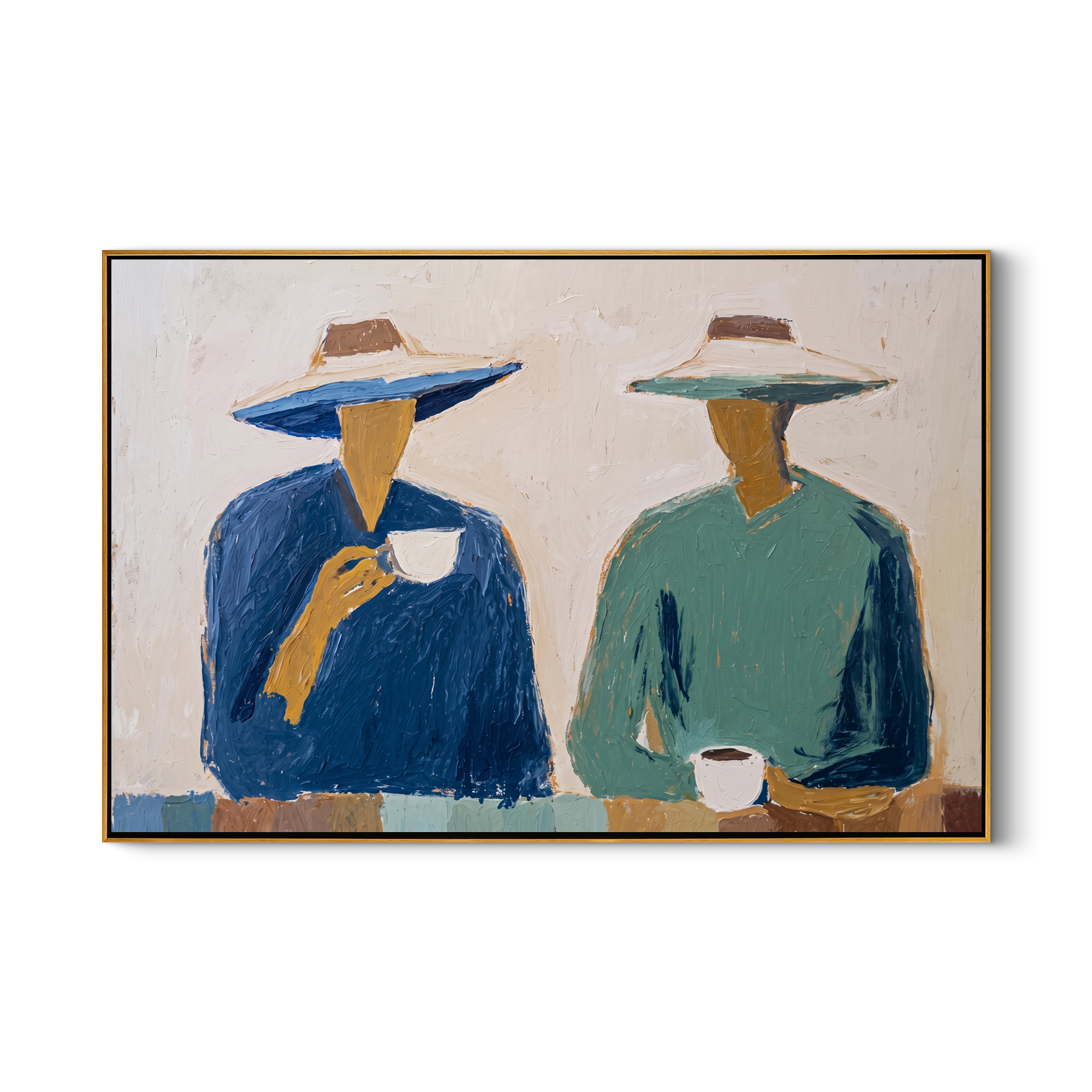 The Coffee Hour painting, wood frame, white background