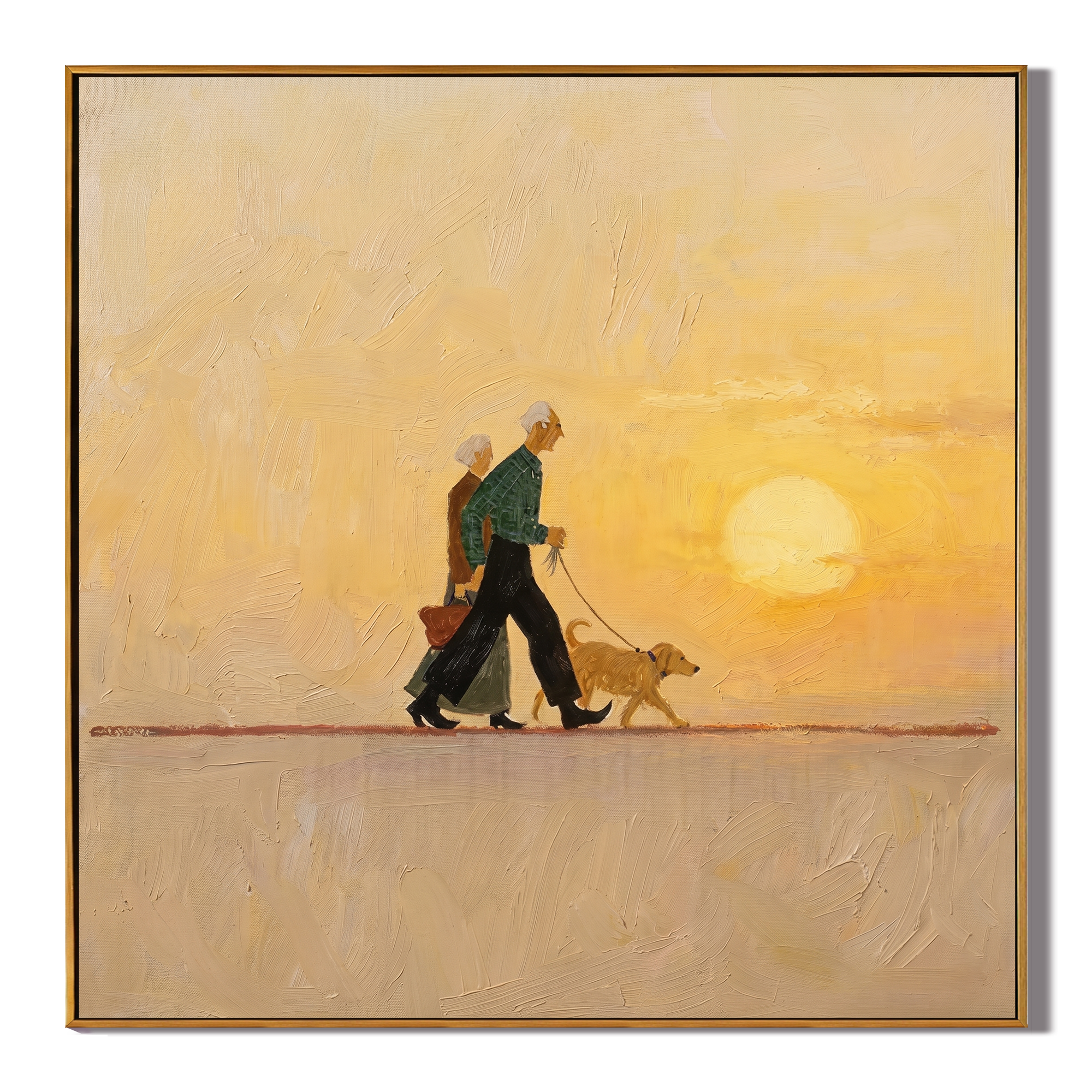The Golden Hour Walk painting, wood frame, white background