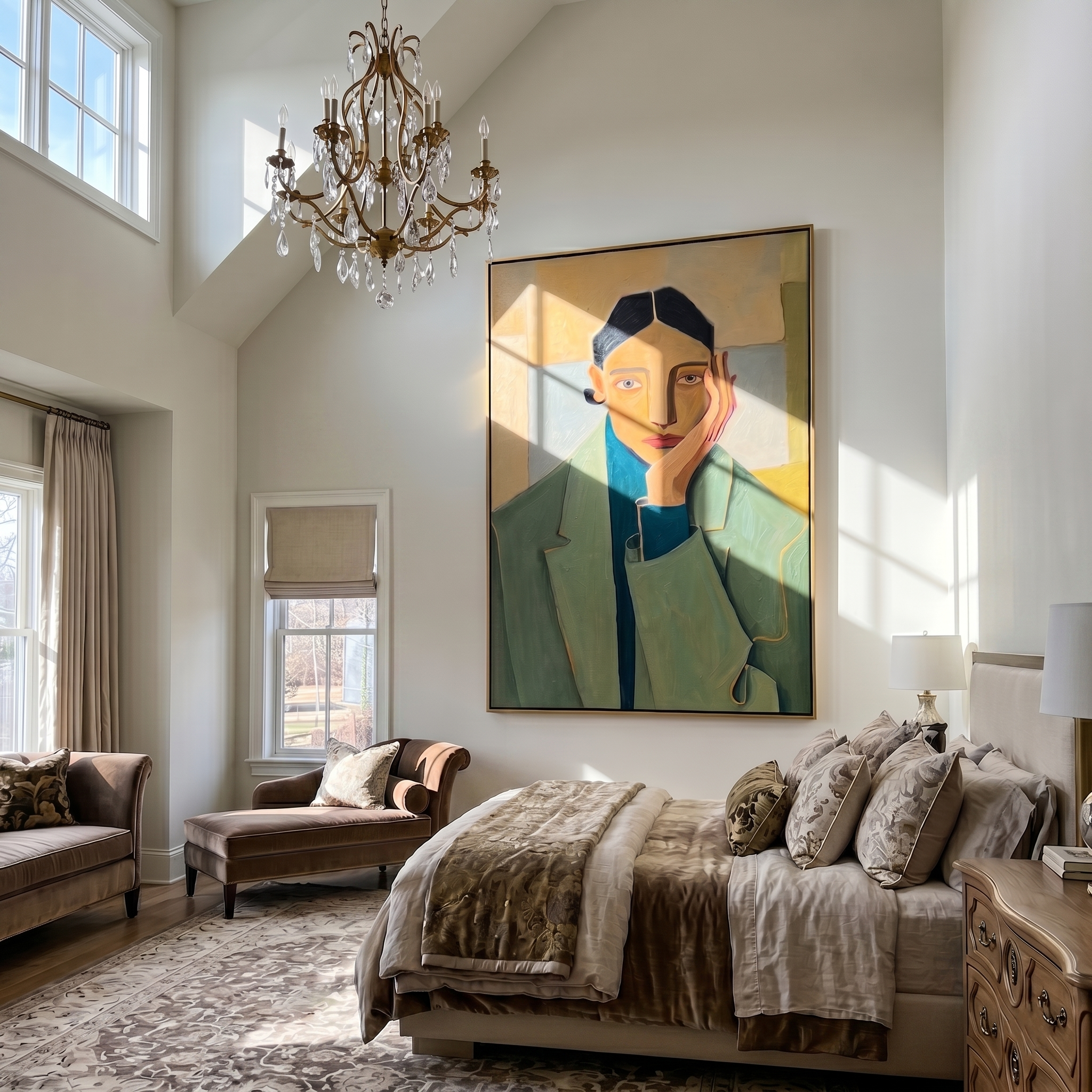 Jade Geometry – Cubist Figure Portrait Painting | Mid-Century Modern Vertical Art