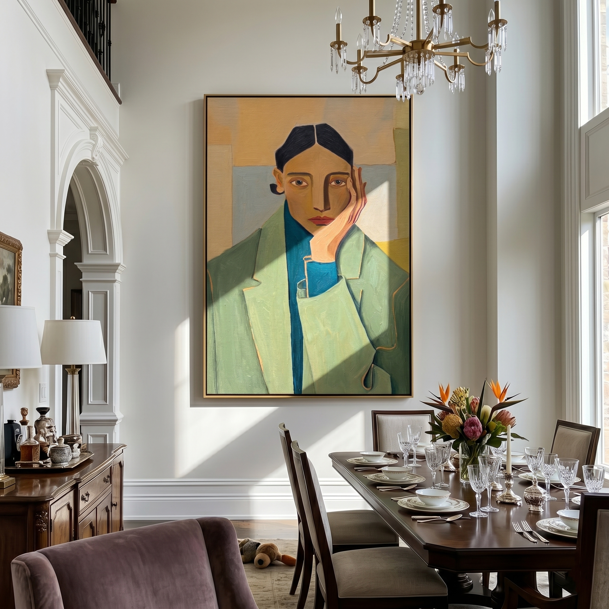 Jade Geometry – Cubist Figure Portrait Painting | Mid-Century Modern Vertical Art