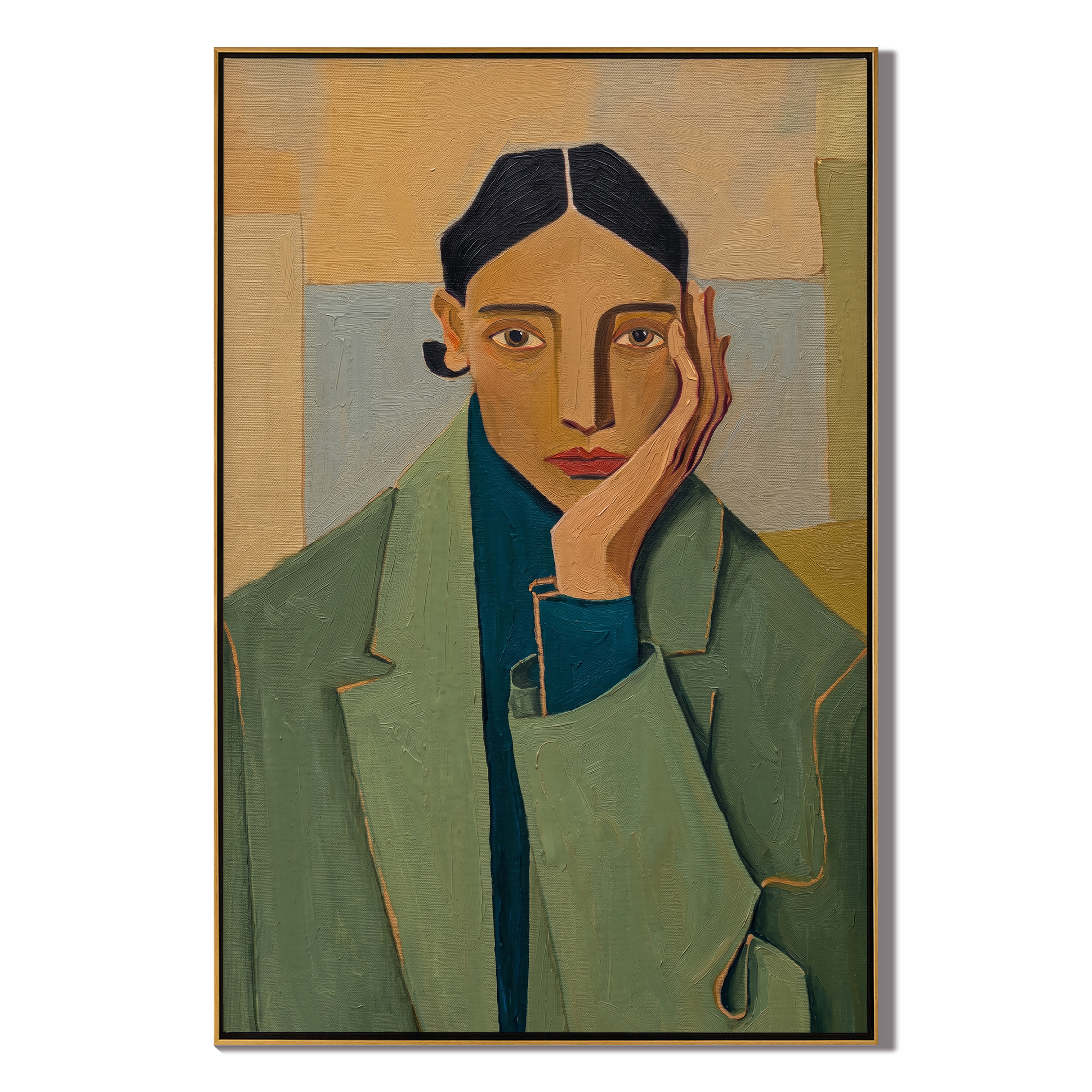 Jade Geometry – Cubist Figure Portrait Painting | Mid-Century Modern Vertical Art