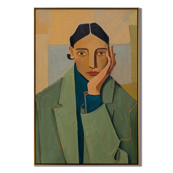 Jade Geometry – Cubist Figure Portrait Painting | Mid-Century Modern Vertical Art