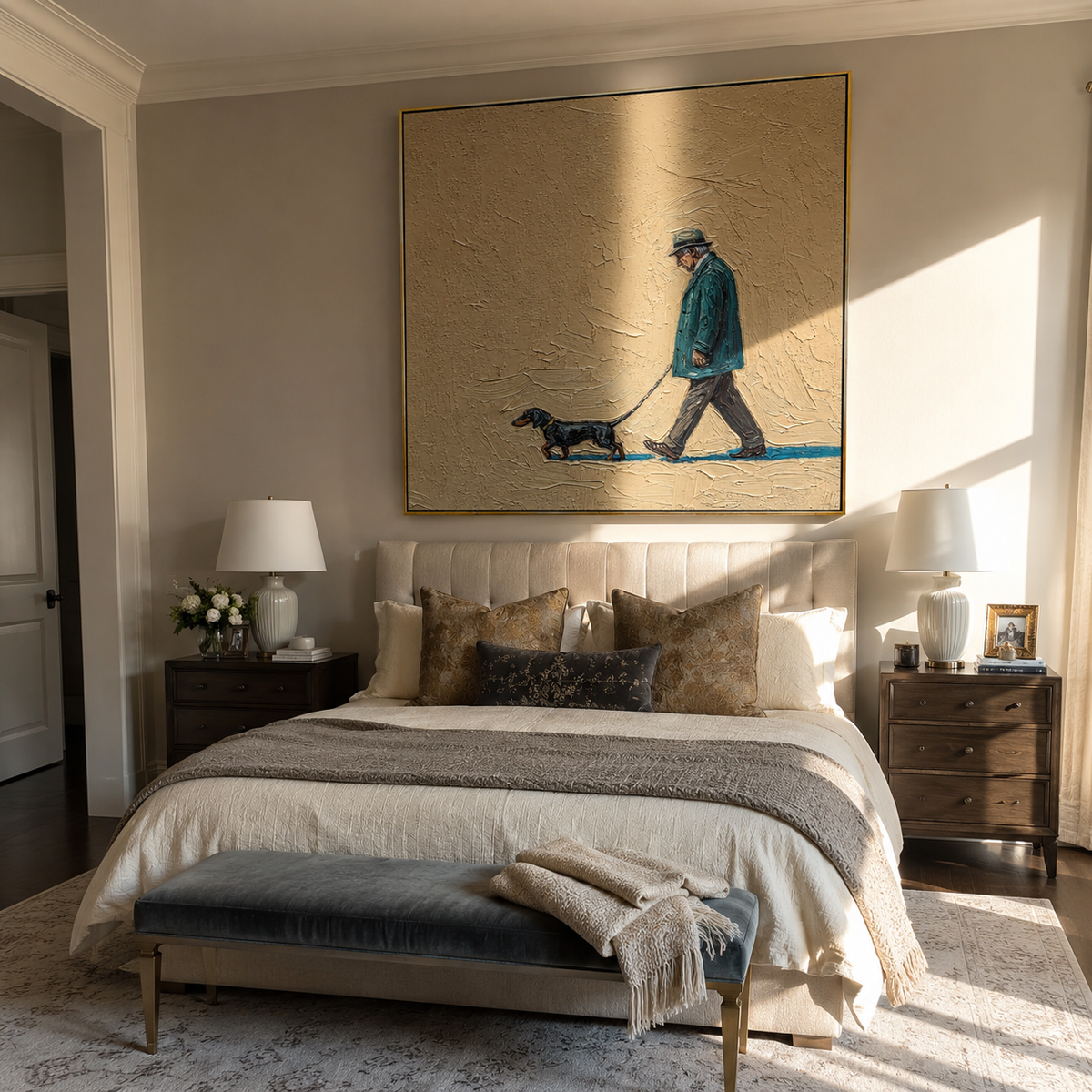 Teal Walk Long Shadow painting presented in an alternate room setting
