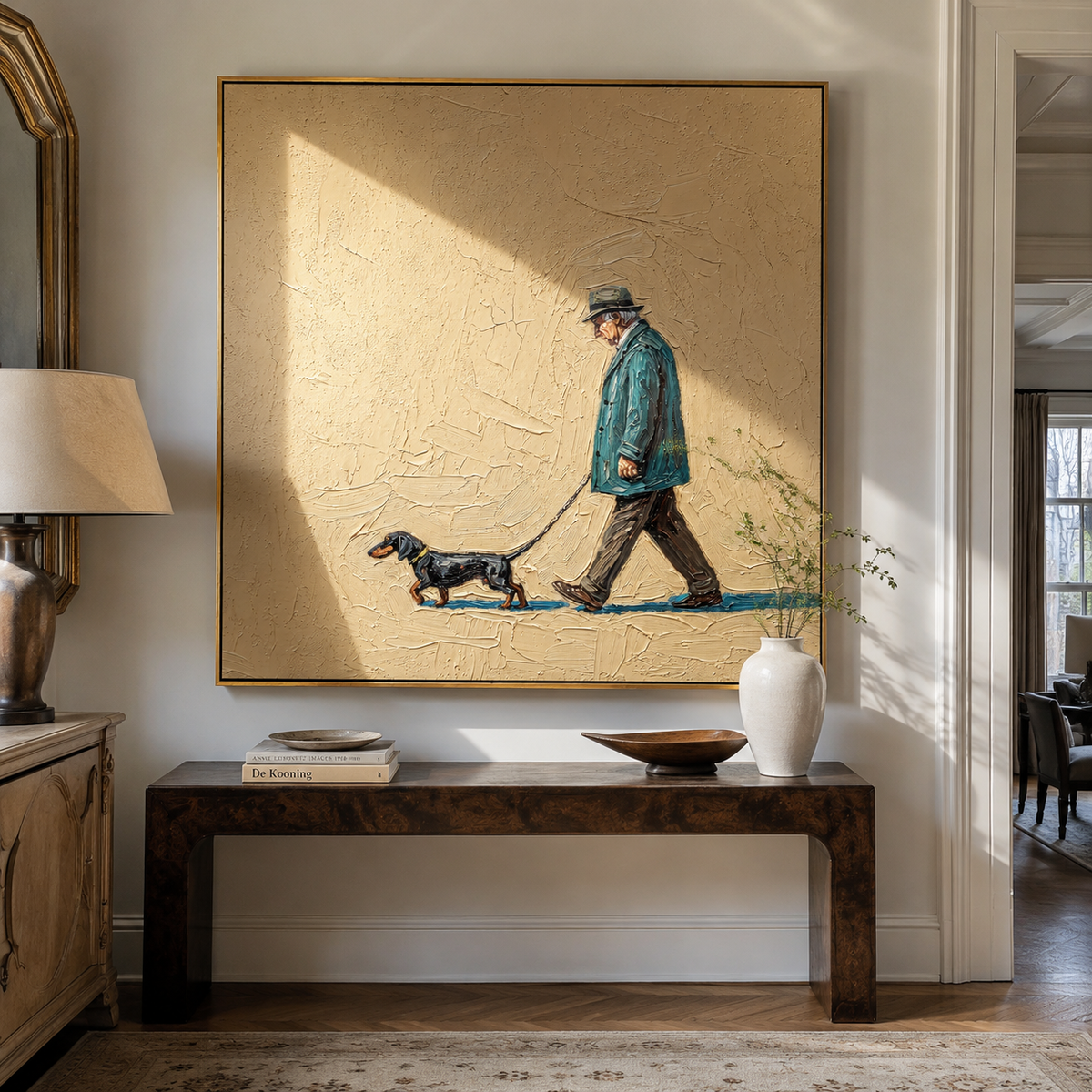 Teal Walk Long Shadow artwork styled as a warm modern focal point