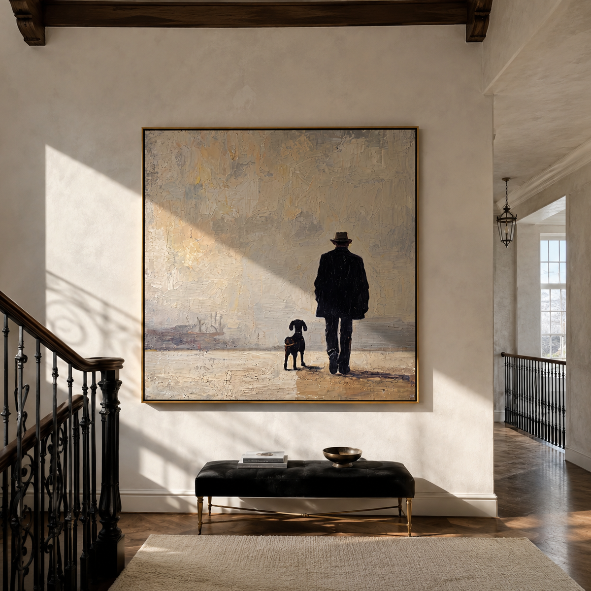 Fog Keeps Their Footsteps man and dog shore painting displayed in a styled interior
