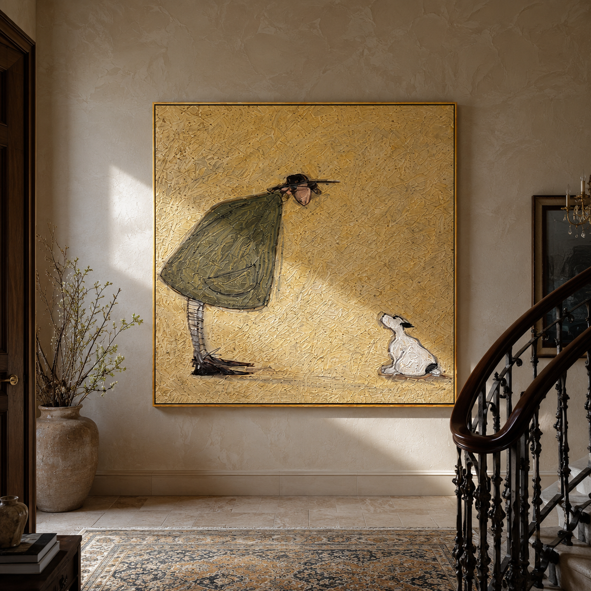 Rabbit Waits Below Gold person greeting white rabbit painting displayed in a styled interior