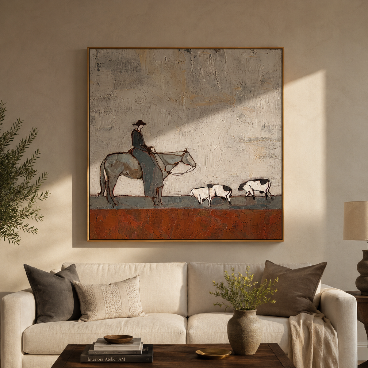 Sheep Cross Rust Plain painting presented in an alternate room setting